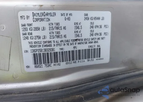 2003 Dodge Caravan Se из США, поврежденный, VIN 1D8GP25B13B329381